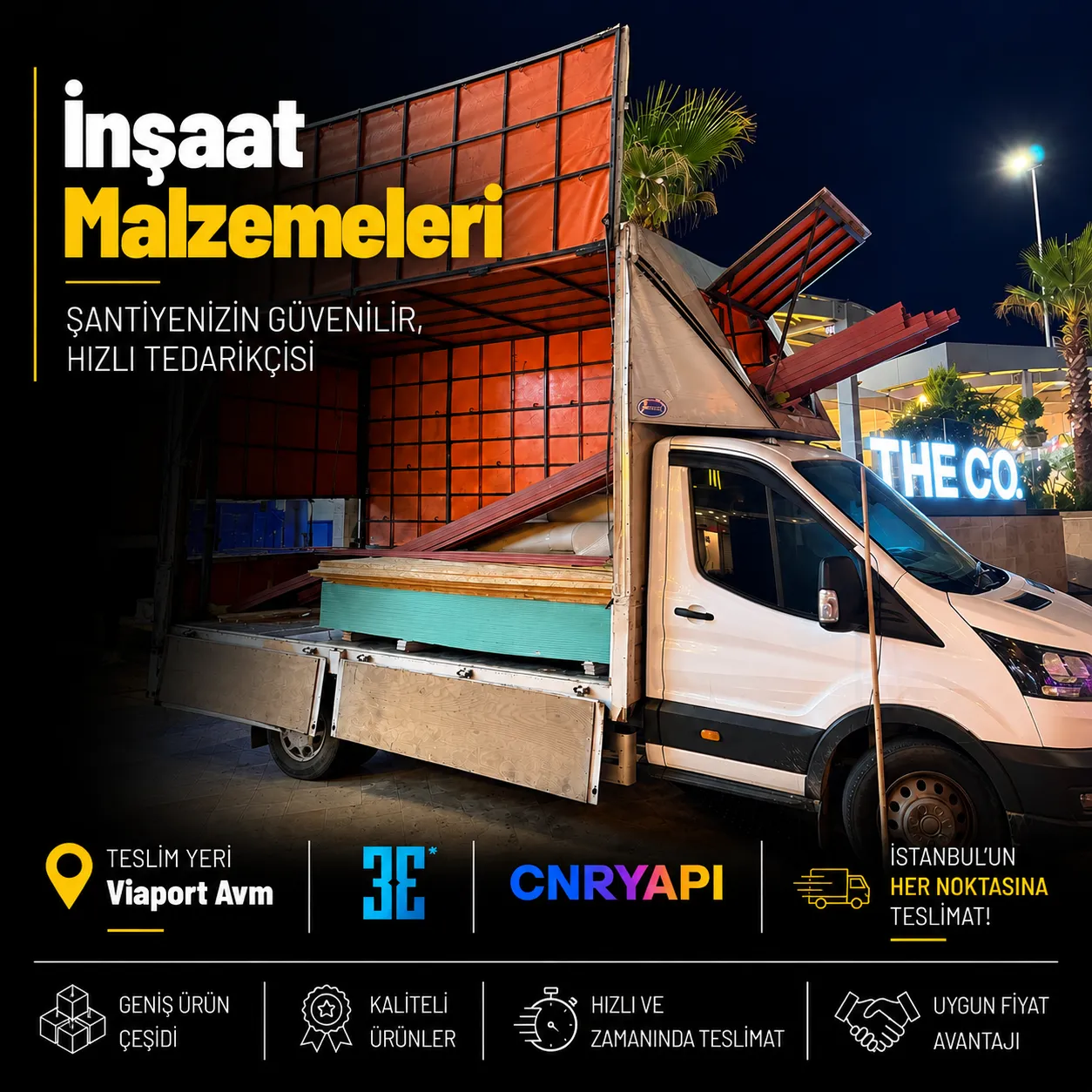 Viaport AVM yeşil alçıpan, Boardex ve kutu profil teslimatı yapan CNR Yapı kamyoneti